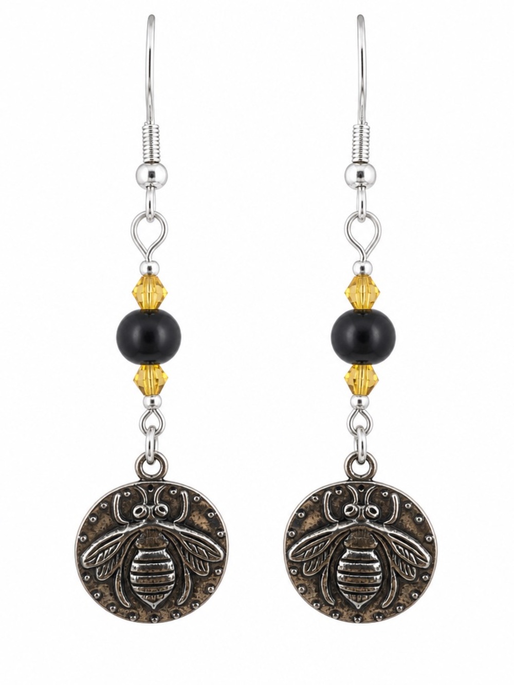 Antique Silver Bee Coin with Black Glass Yellow Crystal Earrings